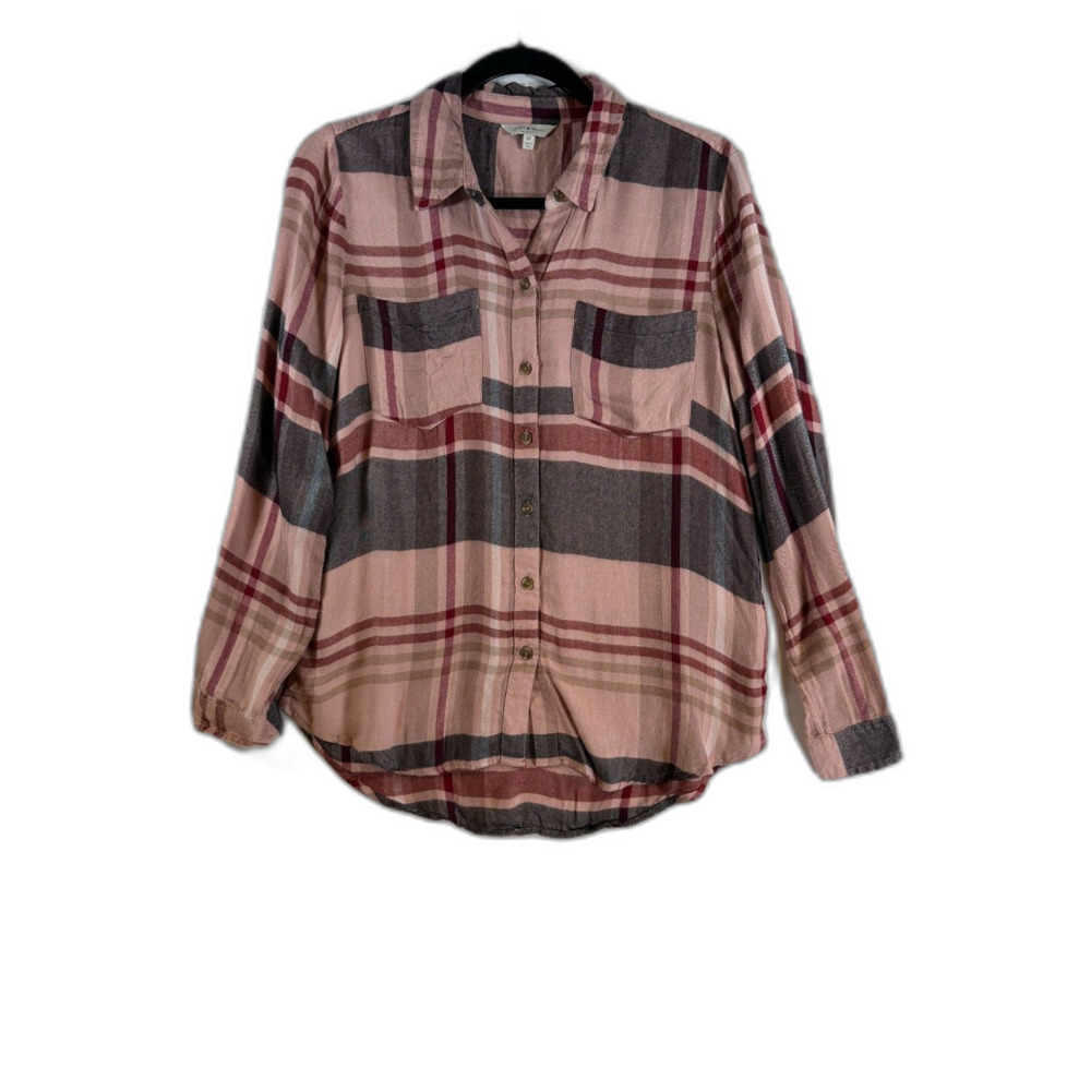 Lucky Brand Pink Multi Plaid Button Down Shirt Womens Medium Long Sleeve
